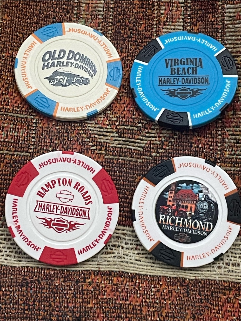 4 Harley-Davidson Poker Chips Old Dominion Fredericksburg Yorktown Virginia